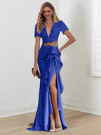 Vestidos de corte sirena/trompeta hasta el suelo para la madre de la novia, con escote en V y volantes 