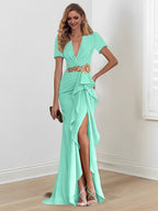 Vestidos de corte sirena/trompeta hasta el suelo para la madre de la novia, con escote en V y volantes 
