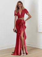 Vestidos de corte sirena/trompeta hasta el suelo para la madre de la novia, con escote en V y volantes 