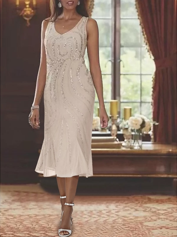 Vestido de dos piezas para la madre de la novia, de gasa con escote en V, chaqueta y lentejuelas. 