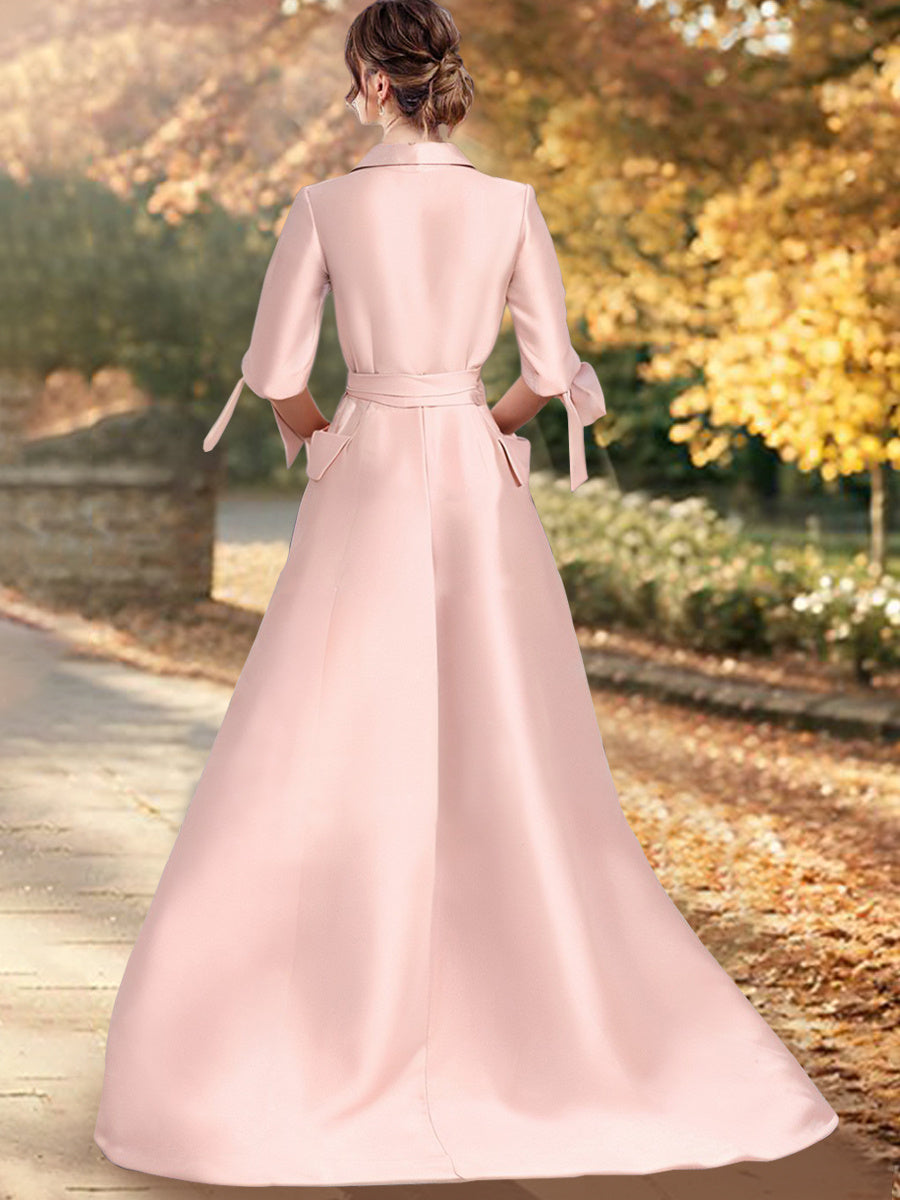 Robe de mère de la mariée, coupe trapèze/princesse, col en V, manches 3/4, longueur au sol, avec ceinture. 