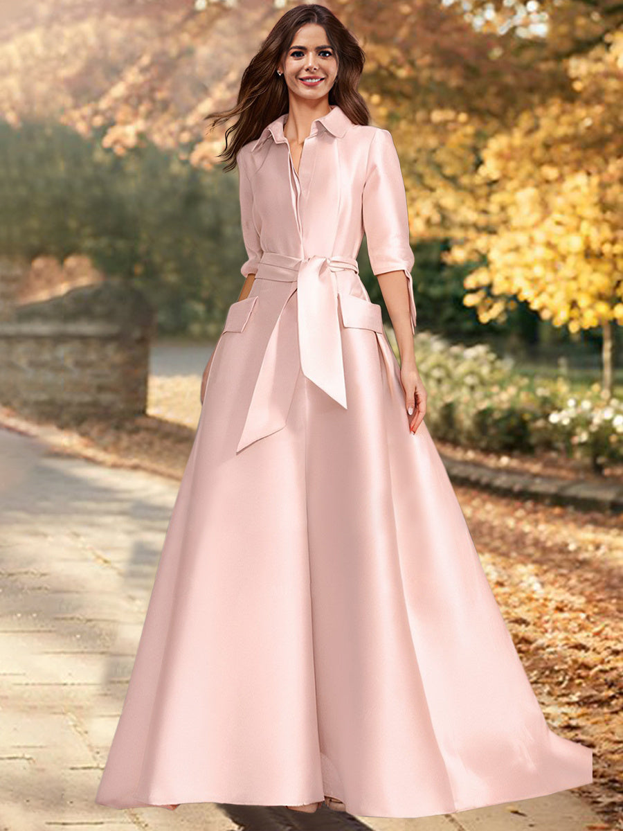 Robe de mère de la mariée, coupe trapèze/princesse, col en V, manches 3/4, longueur au sol, avec ceinture. 