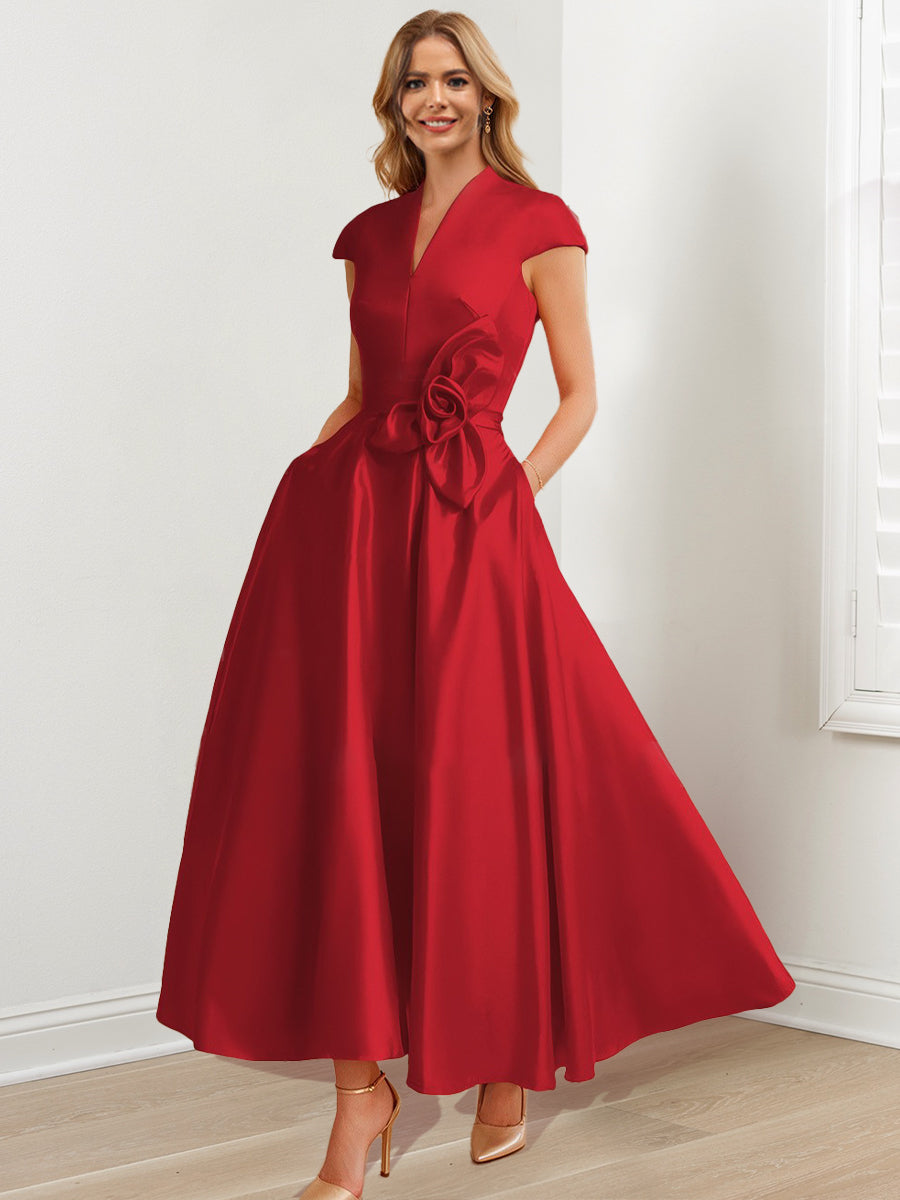 Vestidos de corte princesa/línea A con escote en V, manga corta y largo hasta el tobillo para la madre de la novia 