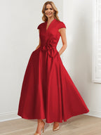 Vestidos de corte princesa/línea A con escote en V, manga corta y largo hasta el tobillo para la madre de la novia 