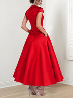 Vestidos de corte princesa/línea A con escote en V, manga corta y largo hasta el tobillo para la madre de la novia 