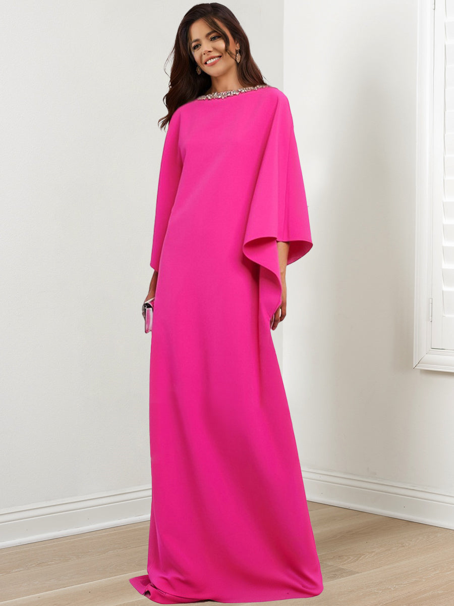 Vestidos de corte recto/columna para la madre de la novia, con escote redondo, mangas tres cuartos y largo hasta el suelo, adornados con pedrería. 