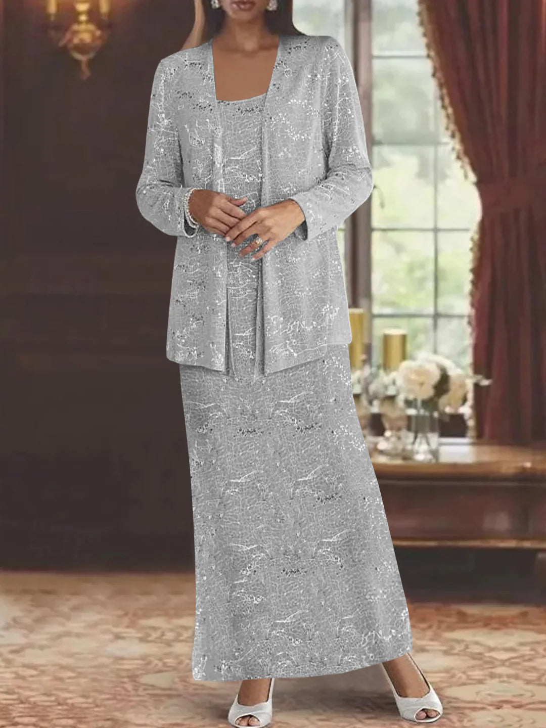 Vestidos de gasa para la madre de la novia con lentejuelas y chaqueta 