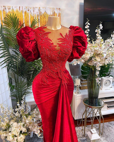 Robe de bal sirène rouge de luxe, dentelle perlée, col transparent, tenue de soirée formelle Y02