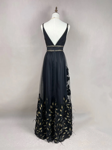 Gorgeous Black Tulle Gold Silk Feathers A Line Prom Dress Formal Evening Dress Y8652