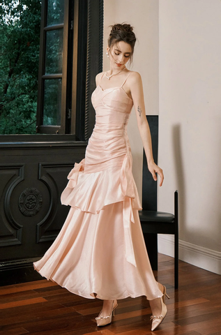 Vestido de noche largo de satén rosa dulce con tirantes en forma de corazón estilo sirena Y8092