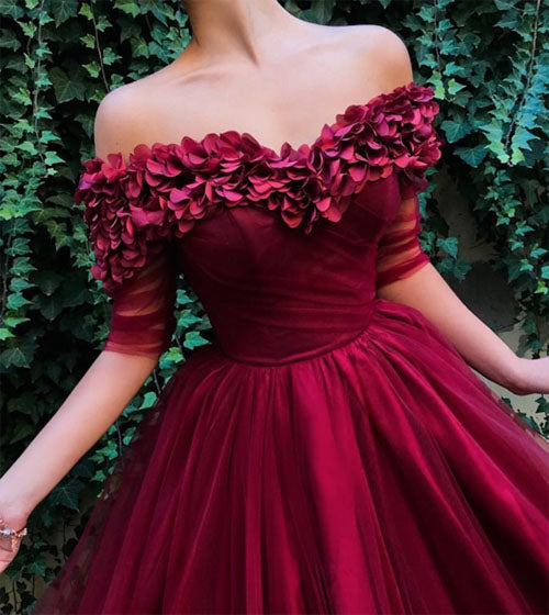 Burgundy Off the Shoulder Half-Sleeve A-line Tulle Long Pom Dresses,