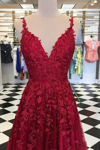 V-neck Sky Blue Lace Prom Dresses Long Rose Red Formal Maxi Dress