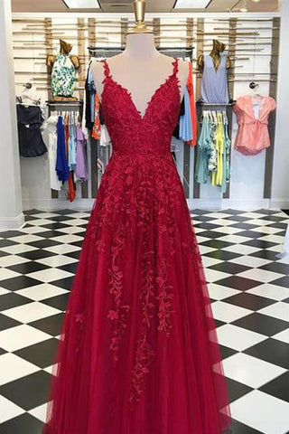 V-neck Sky Blue Lace Prom Dresses Long Rose Red Formal Maxi Dress