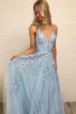 V-neck Sky Blue Lace Prom Dresses Long Rose Red Formal Maxi Dress