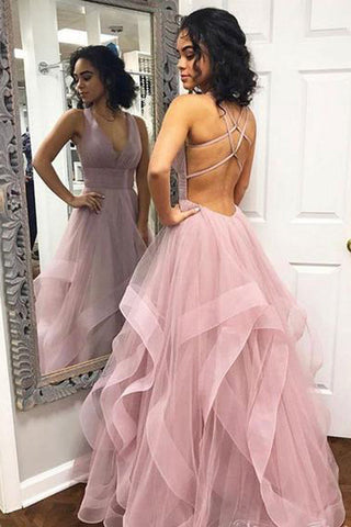 V-neck Simple Dusty Rose Long Prom Dresses with Straps and Ruffle Skirt