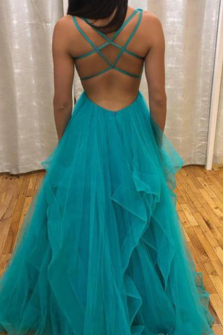 V-neck Simple Dusty Rose Long Prom Dresses with Straps and Ruffle Skirt