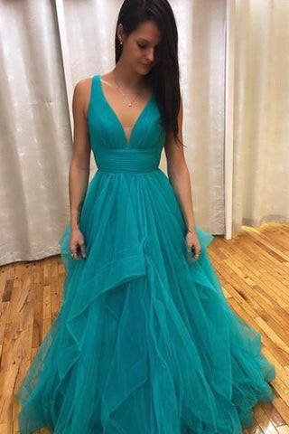 V-neck Simple Dusty Rose Long Prom Dresses with Straps and Ruffle Skirt