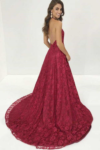 Robe de bal longue dos nu en dentelle bordeaux à col en V et traîne balayée,
