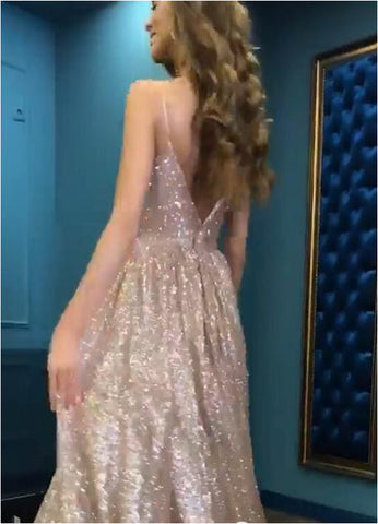 Gorgeous V-Neck Spaghetti-Straps Long Sequins Evening Gown