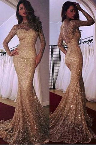 Long Sleeve 2019 Mermaid Prom Dress With Sequins