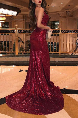 V-Neck Sleeveless Side Slit Sequins Burgundy Mermaid Prom Dresses