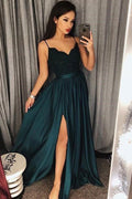Spaghetti-Straps Dark-Green Prom Dress Lace Evening Gowns With Slit