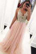 Tulle A-line V-neck Beaded Long Prom Dresses with Appliques,