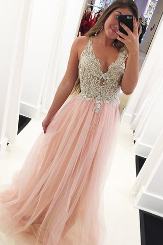 Tulle A-line V-neck Beaded Long Prom Dresses with Appliques,