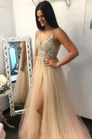 Deep V-Neck Beading Tulle Long Prom Dress,Simple Split Evening Dress
