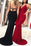 V-neck Mermaid Backless Black Spaghetti Straps Prom Dresses Long Party Dress