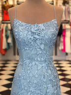 Cute Spaghetti Straps Sky Mermaid Backless Scoop Pageant Prom Dresses