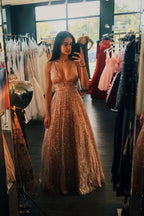 Vestidos de fiesta largos hasta el suelo, de corte A, con escote en V profundo y sin mangas, con lentejuelas.