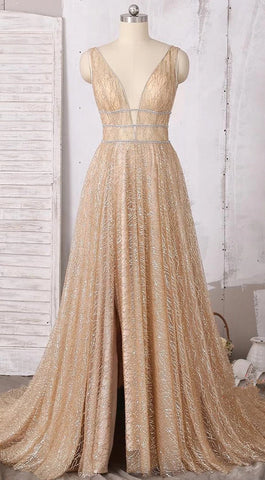 A-line Deep V-neck Sleeveless Sequins Floor-length Prom Dresses, Long Evening Dresses