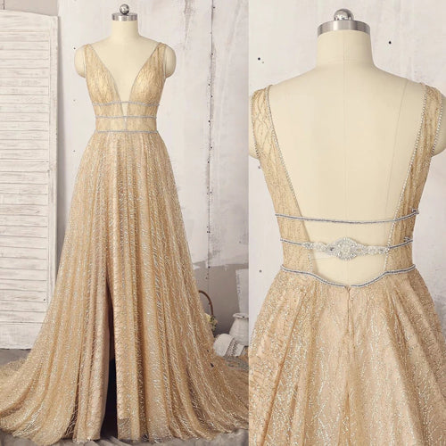 Vestidos de fiesta largos hasta el suelo, de corte A, con escote en V profundo y sin mangas, con lentejuelas.
