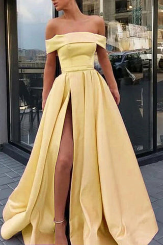 Off the Shoulder A-line Satin High Slit Yellow Prom Dresses, Long Formal Dresses