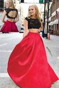 Charming Red And Black Two Pieces Lace Floor-length Prom Dresses Evening Dresses