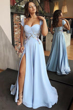 Cheap Satin Sweetheart Neck Prom Dresses High Slit Sky Blue Evening Gown