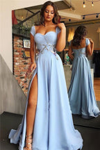 Cheap Satin Sweetheart Neck Prom Dresses High Slit Sky Blue Evening Gown