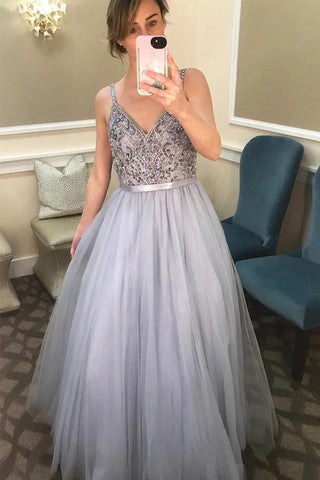 Tulle Sleeveless A-line V-Neck Beading Floor Length Grey Prom/Formal Dress