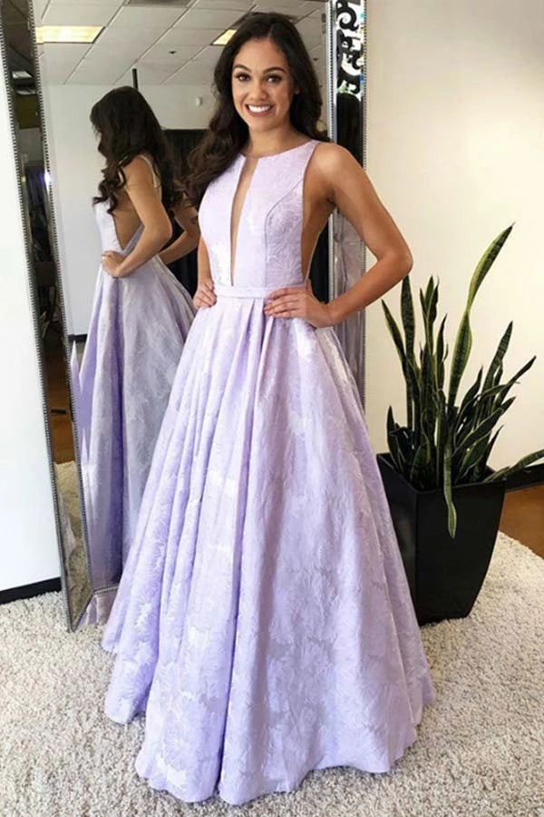Robe de bal/soirée lilas imprimée, coupe trapèze, col rond, longueur au sol, à petit prix