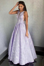 Robe de bal/soirée lilas imprimée, coupe trapèze, col rond, longueur au sol, à petit prix