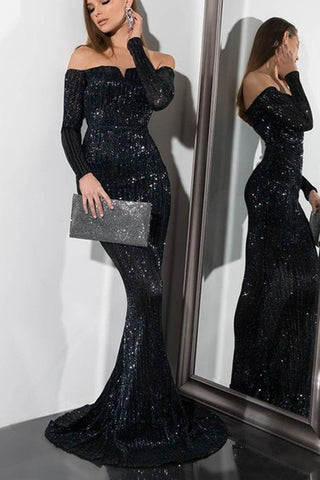 Robes de bal à paillettes avec manches et épaules dénudées, robes de soirée noires