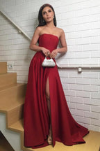 Robe de bal bordeaux longue bustier avec fente