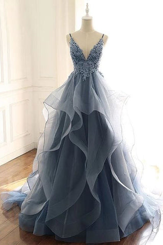 Robe de bal en organza multicouche bleu de Prusse à décolleté en V profond et applications