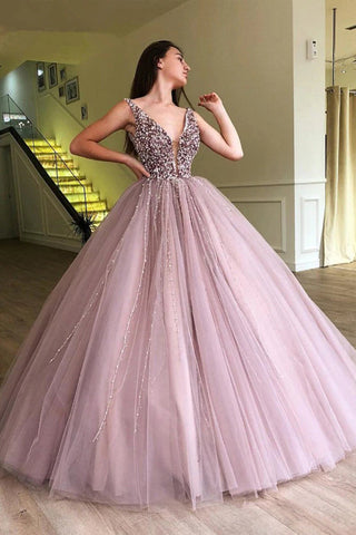 Beaded and Tulle Deep Illusion V-neck Ball Gown Mauve Prom Dress