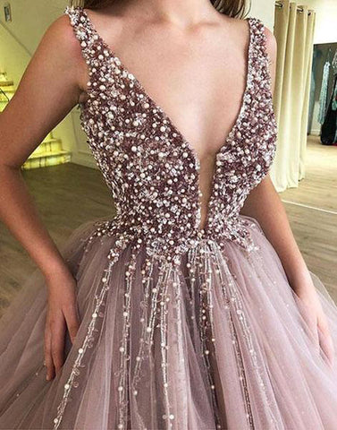 Beaded and Tulle Deep Illusion V-neck Ball Gown Mauve Prom Dress