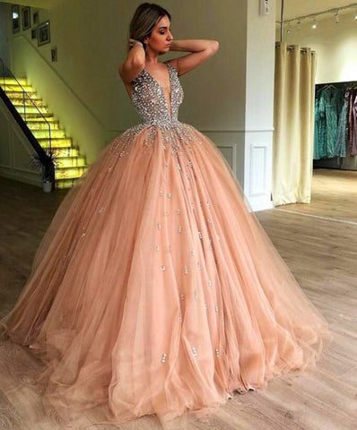 Beaded and Tulle Deep Illusion V-neck Ball Gown Mauve Prom Dress