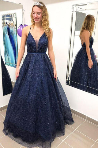 Robe de bal bleu marine à paillettes, col en V, dos nu et fines bretelles, robe de soirée élégante