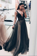Elegantes vestidos de fiesta negros de corte A con escote en V y espalda descubierta, adornados con cuentas, vestidos de noche de ensueño