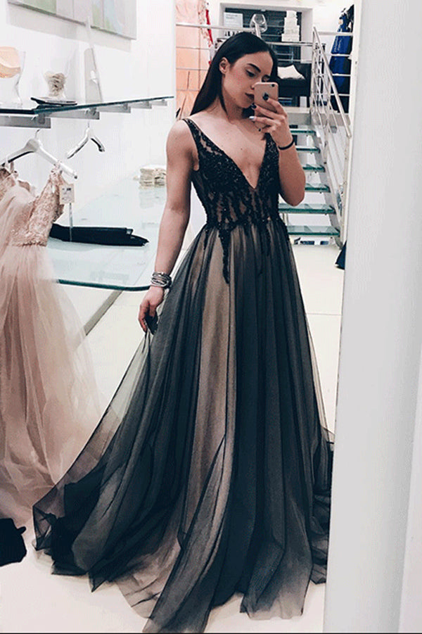 Elegantes vestidos de fiesta negros de corte A con escote en V y espalda descubierta, adornados con cuentas, vestidos de noche de ensueño